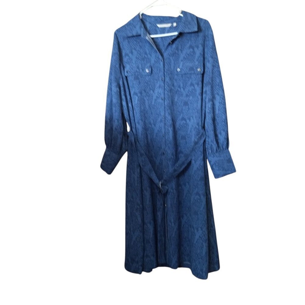Soft Surroundings Size 1X Irina Blue Printed Button Front Belted Shirt Dress